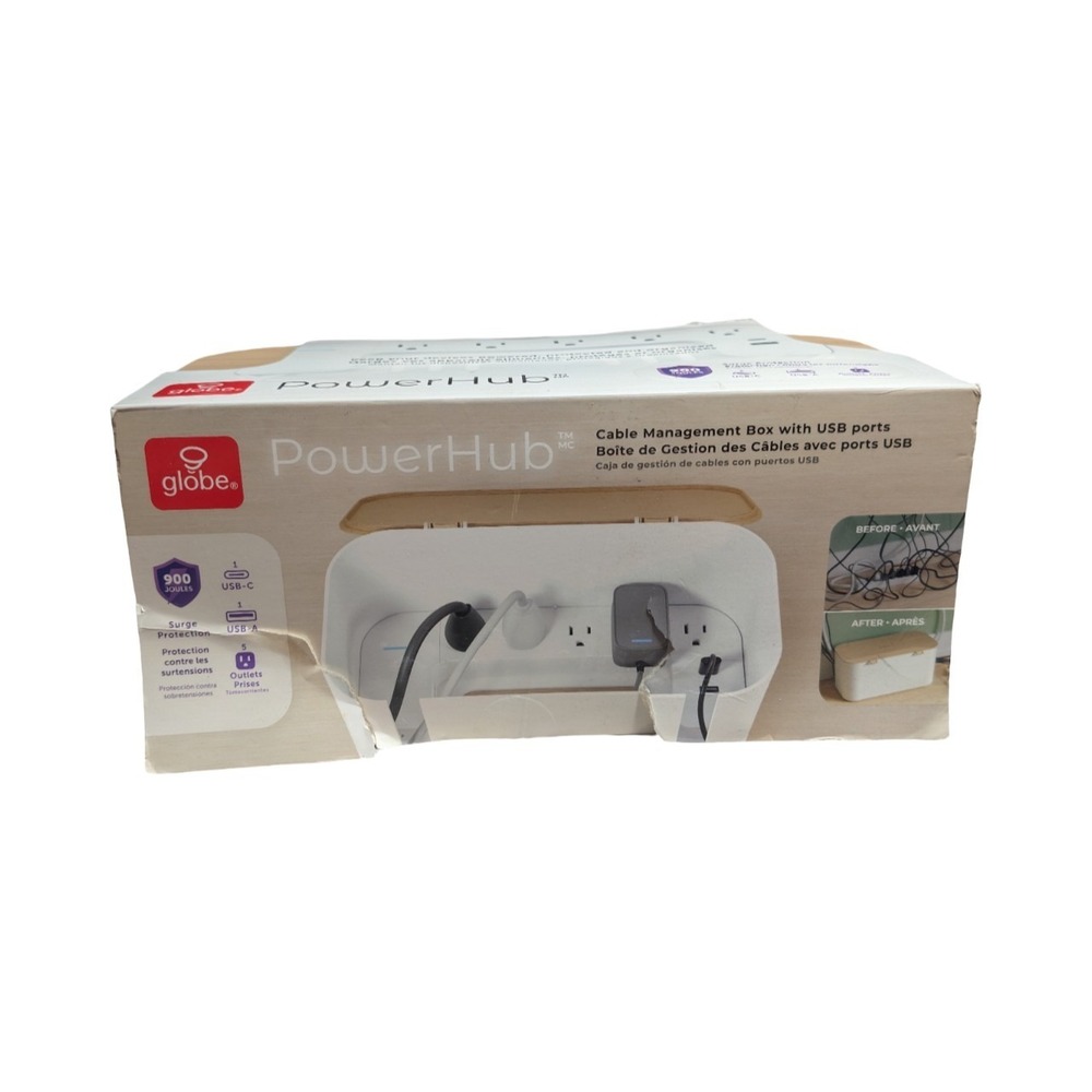 Globe Power Hub Electric Cord Management Box With USB Ports & Surge Protector